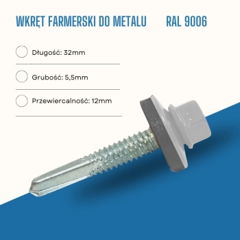 Wkręt farmerski do metalu 5,5X32 mm przewiercalność 12 mm w kolorze RAL 9006